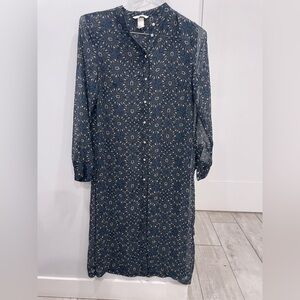 H&M Women’s Blue Navy Floral Pritn Long Sleeve Dress Midi Button Down Size S